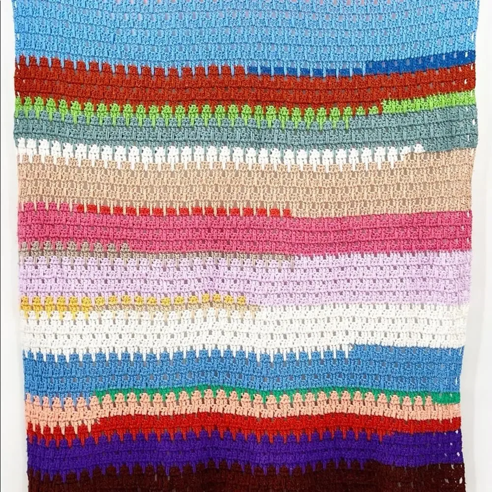 VINTAGE Handmade Blanket Grandma Style Granny Knit Stripes Colorful Throw 60x82”
